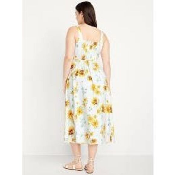 NEW Old Navy Fit and Flare Linen Blend Midi Dress Sz L Sunflowers - Picture 2 of 10